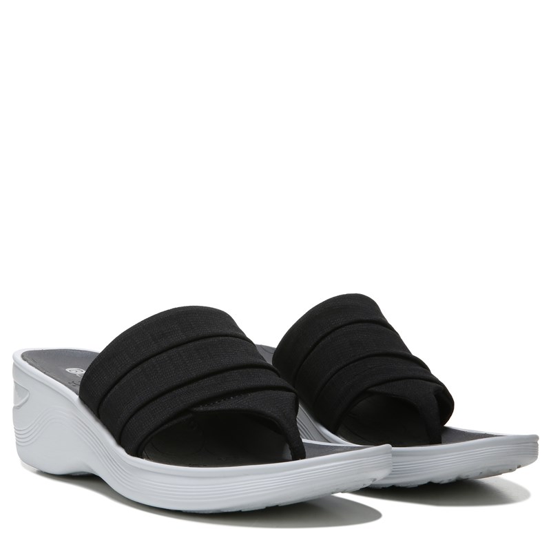 Bzees Dallas Flip Flop Wedge Sandal, 8.0 W (Black Fabric) Machine Washable, Slip-On Fit, Open Toe, Dynamic Stretch Upper